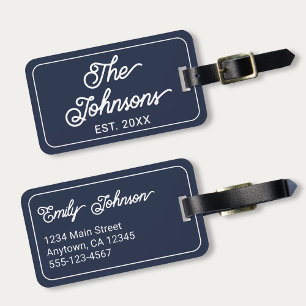 Personalized Family Name in Elegant Script Navy Luggage Tag