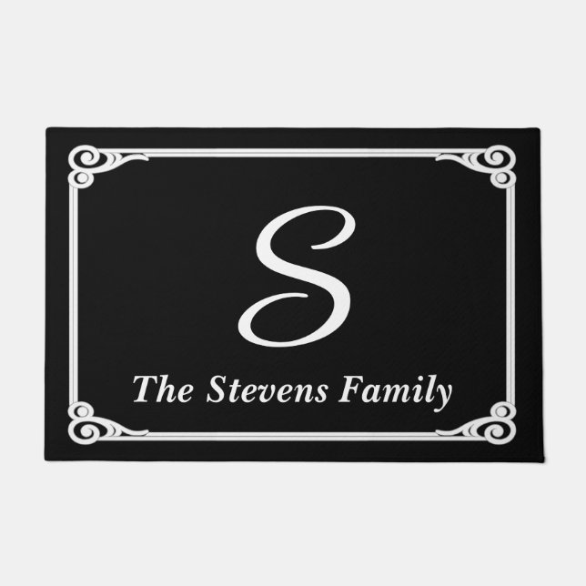 Personalized Family Name & Initial Doormat • Black (Front)