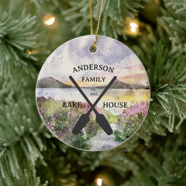 Personalized Family Name Lake House Sign Ceramic Ornament (Tree)