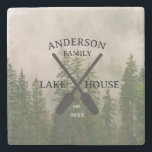 Personalized Family Name Lake House  Stone Coaster<br><div class="desc">This collection features a black and white modern logo, as well as a beautiful foggy misty forest photo background. This collection is perfect for decorating a family lake house or cabin, or also offers branding opportunities for vacation rentals like Air BnB and VRBO. My favourite products have got to be...</div>