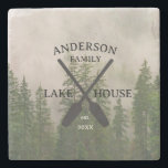 Personalized Family Name Lake House Stone Coaster<br><div class="desc">This collection features a black and white modern logo, as well as a beautiful foggy misty forest photo background. This collection is perfect for decorating a family lake house or cabin, or also offers branding opportunities for vacation rentals like Air BnB and VRBO. My favourite products have got to be...</div>