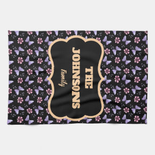 Personalized family name lavender butterfly floral kitchen towel