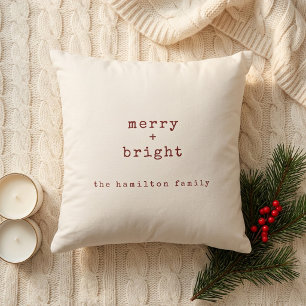 Personalized Family Name Merry + Bright Christmas Throw Pillow