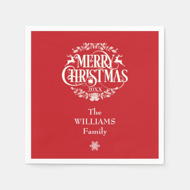 Personalized Family Name Merry Christmas Red Napkin (Front)