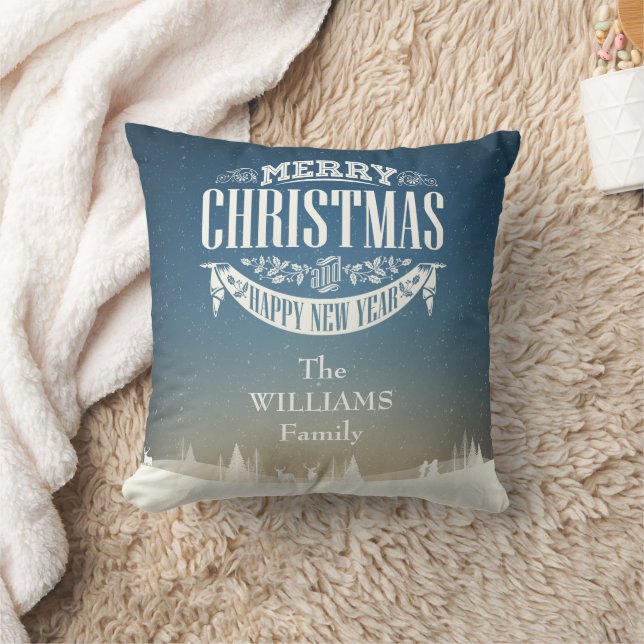 Personalized Family Name Merry Christmas Throw Pillow (Blanket)