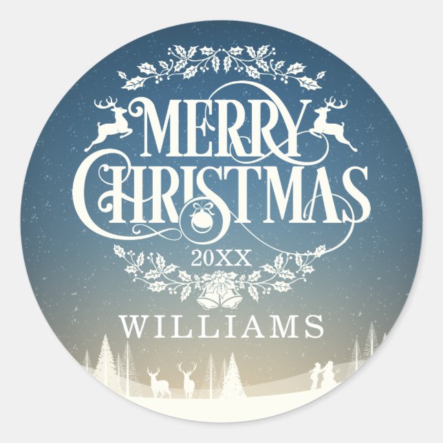Personalized Family Name Merry Christmas Winter Classic Round Sticker (Front)