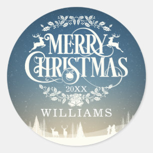 Personalized Family Name Merry Christmas Winter Classic Round Sticker