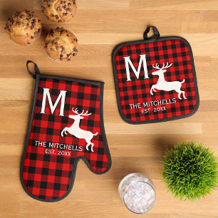 Personalized Family Name Monogram Rustic Deer Oven Mitt & Pot Holder Set
