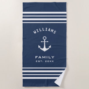 Personalized Family Name Nautical Blue And White Beach Towel