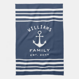 Personalized Family Name Nautical Blue And White Kitchen Towel