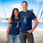 Personalized Family Name Nautical Boat Anchor T-Shirt<br><div class="desc">A nautical design featuring an anchor,  stylish navy blue and white stripes and personalized with your family or boat name and established date. Designed by Thisisnotme©</div>