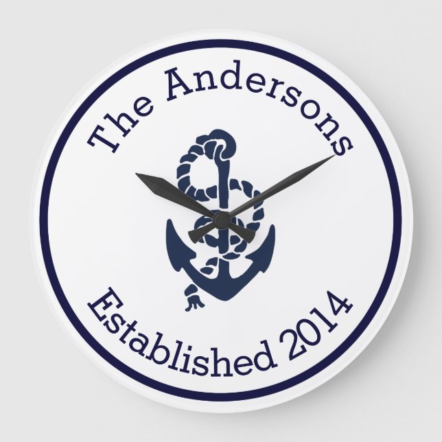 Personalized Family Name Nautical Navy Anchor Large Clock (Front)