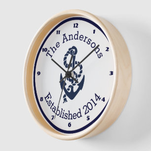 Personalized Family Name Nautical Navy Anchor Wall Clock