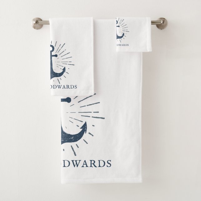 Personalized Family Name Nautical Navy Blue Anchor Bath Towel Set (Insitu)