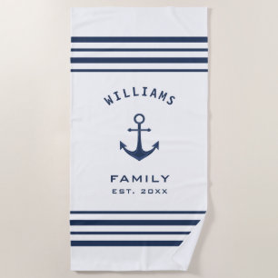 Personalized Family Name Nautical White And Blue Beach Towel
