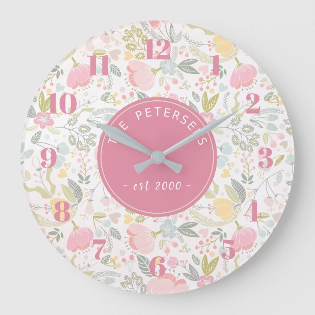 Personalized Family Name Pastel Colourful Floral Large Clock (Front)
