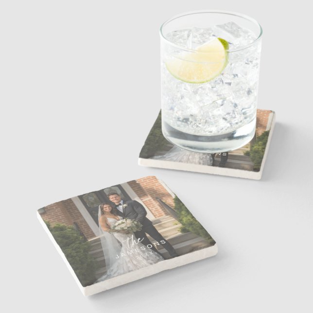 Personalized Family Name Photo Stone Coaster (Side)