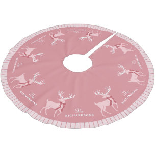 Personalized Family Name Pink Reindeer Christmas Brushed Polyester Tree Skirt