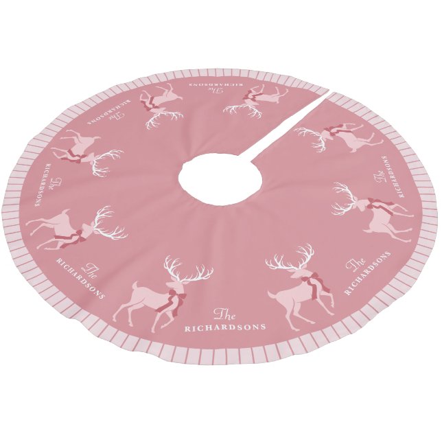 Personalized Family Name Pink Reindeer Christmas Brushed Polyester Tree Skirt (Angled)