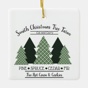 Personalized Family Name Plaid Christmas Tree Farm Ceramic Ornament
