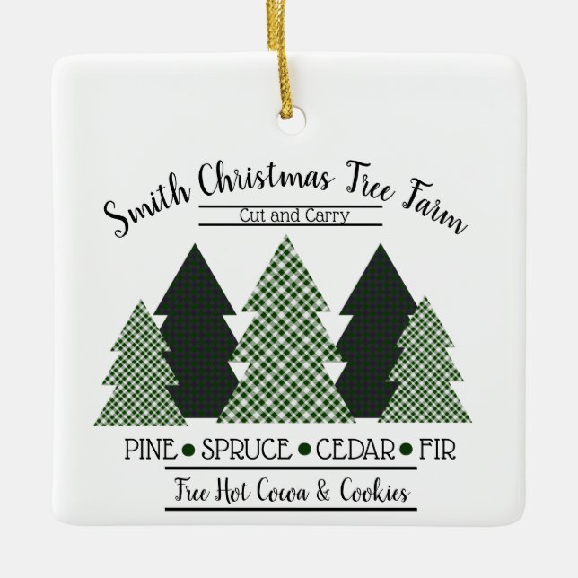 Personalized Family Name Plaid Christmas Tree Farm Ceramic Ornament (Front)