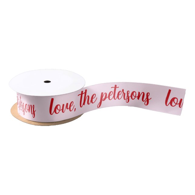 Personalized Family Name Red Modern Script Holiday Satin Ribbon (Spool)