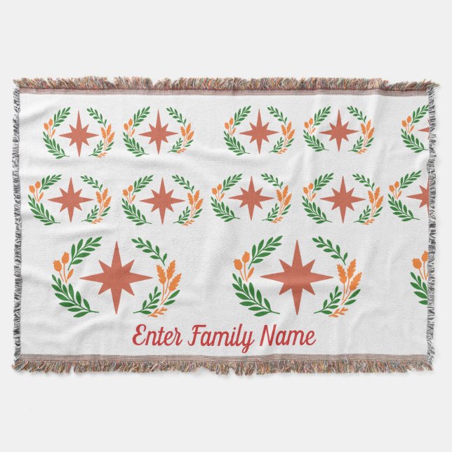 Personalized Family Name Rustic Boho Star Wreath Throw Blanket (Front)