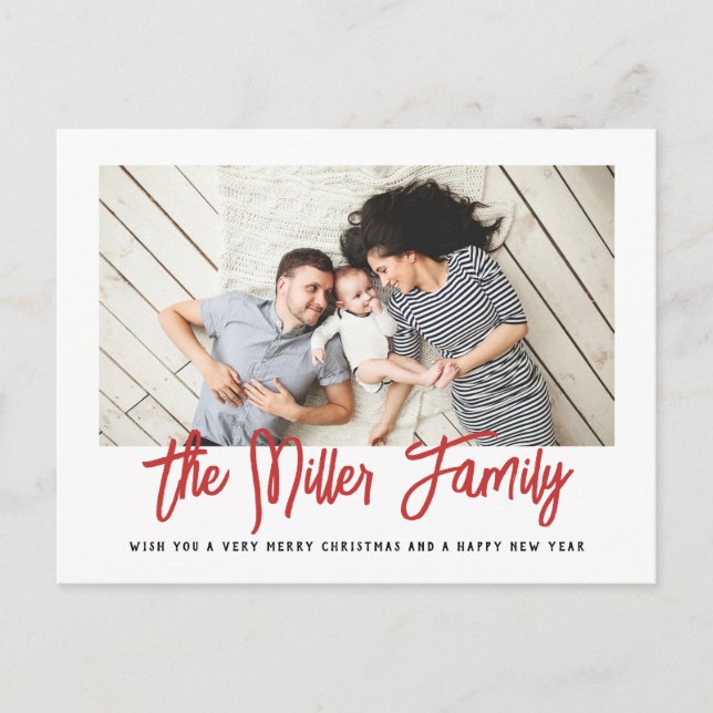 Personalized Family Name Single Photo Red Holiday Postcard (Front)