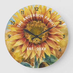Personalized Family Name Sunflower Watercolor  Large Clock