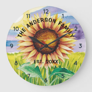 Personalized Family Name Sunflower Watercolor  Large Clock