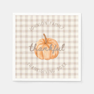 Personalized Family Name Thankful Neutral Gingham Napkin