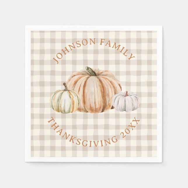 Personalized Family Name Thankful Neutral Gingham Napkin (Front)