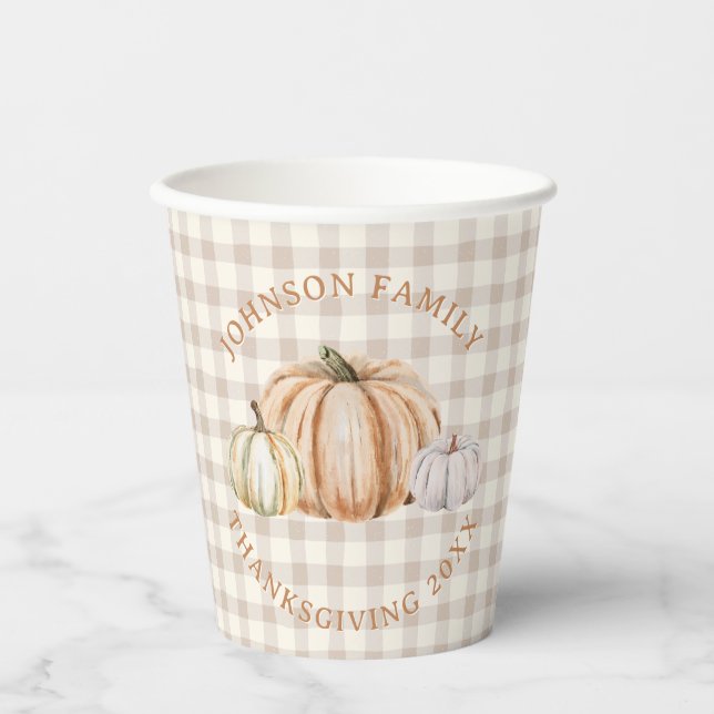 Personalized Family Name Thankful Neutral Gingham Paper Cups (Front)