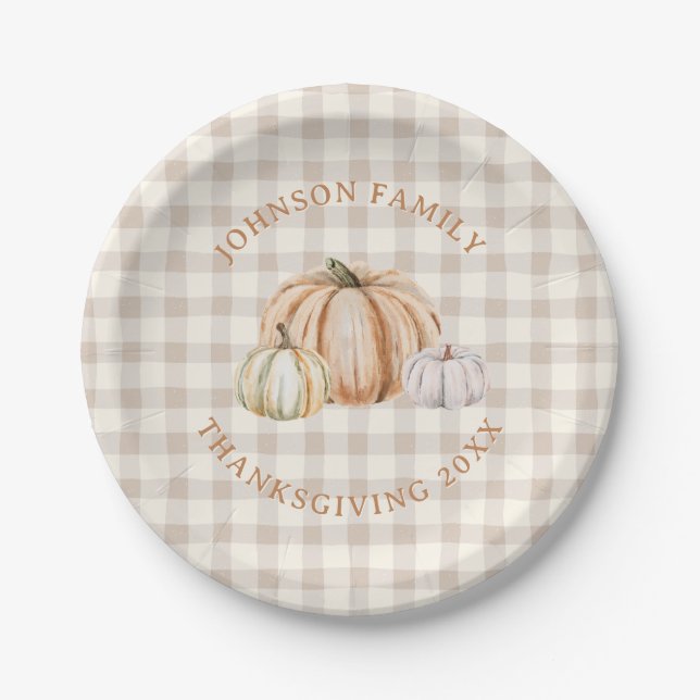 Personalized Family Name Thankful Neutral Gingham Paper Plate (Front)