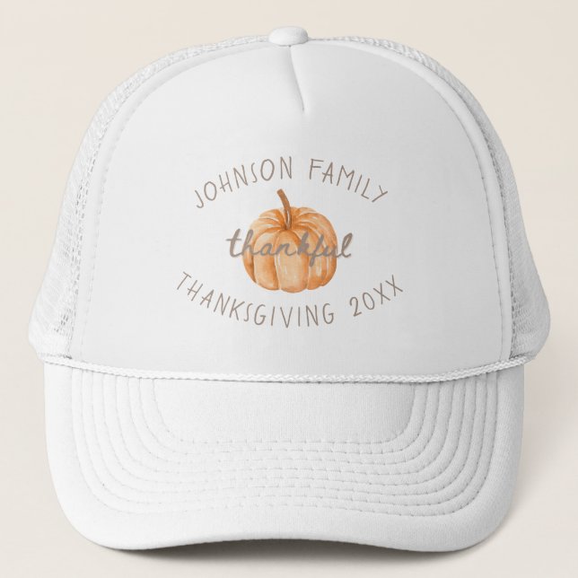 Personalized Family Name Thankful Neutral Gingham  Trucker Hat (Front)