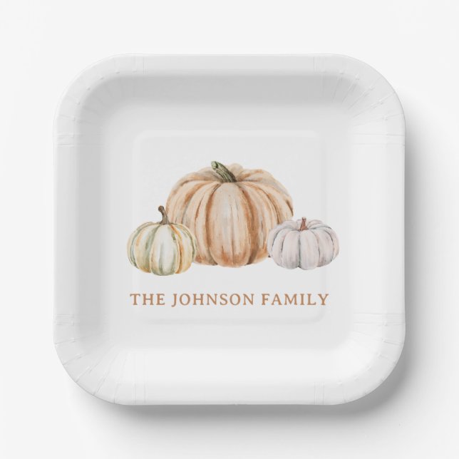 Personalized Family Name Thankful Neutral Pumpkin Paper Plate (Front)