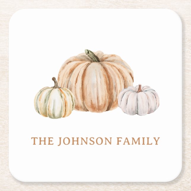 Personalized Family Name Thankful Neutral Pumpkin Square Paper Coaster (Front)