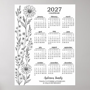 Personalized Family Name Wild Flower 2027 Calendar Poster
