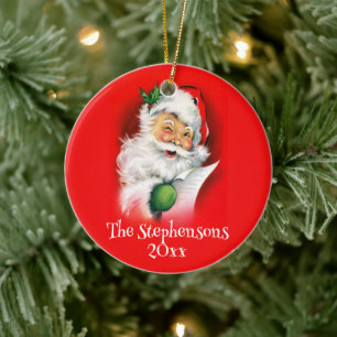 Personalized Family Name Winking Santa Christmas Ceramic Ornament