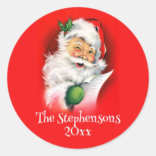 Personalized Family Name Winking Santa Christmas Classic Round Sticker (Front)