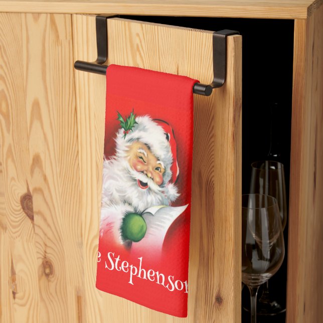 Personalized Family Name Winking Santa Christmas Kitchen Towel (Thirds Fold)