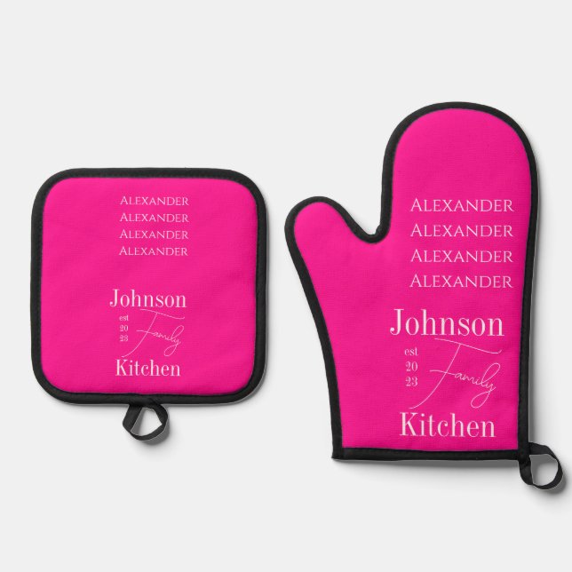 Personalized Family Names Hot Pink Oven Mitt & Pot Holder Set (Front)