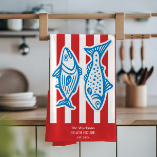 Personalized Family Nautical Red Sardine Stripes Kitchen Towel