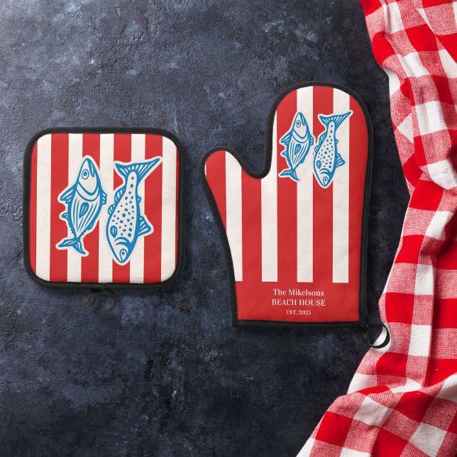 Personalized Family Nautical Red Sardine Stripes Oven Mitt & Pot Holder Set (Creator Uploaded)