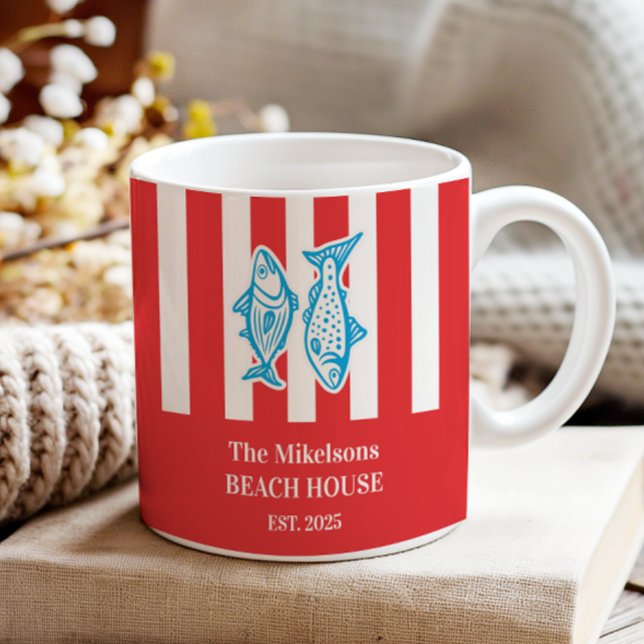 Personalized Family Nautical Red Sardine Stripes Two-Tone Coffee Mug (Creator Uploaded)