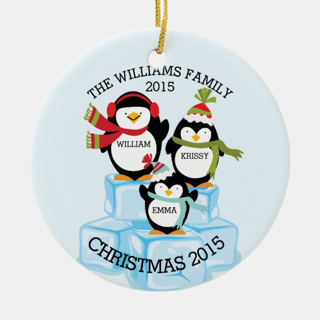 Personalized Family Of 3 Penguins Christmas Ceramic Ornament (Front)
