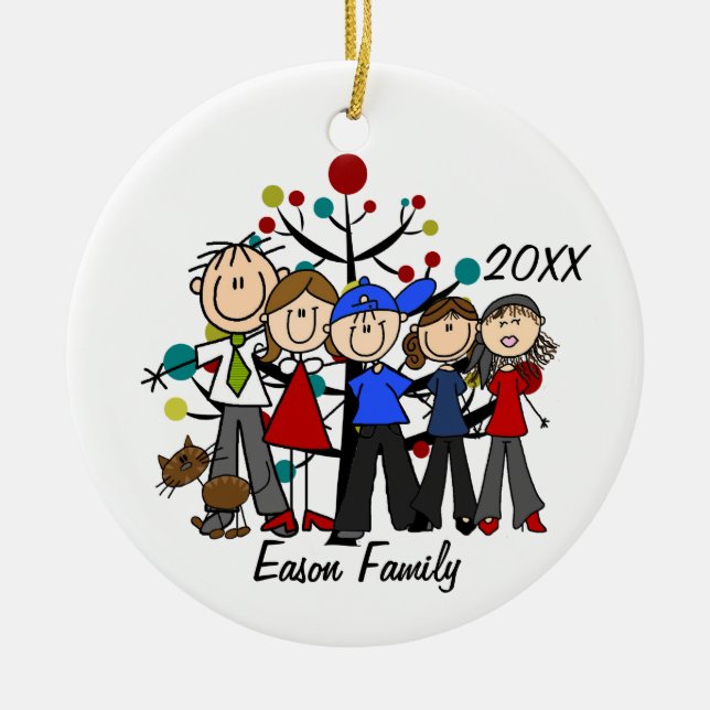 Personalized Family of Five With Brown Cat Ornamen Ceramic Ornament (Front)