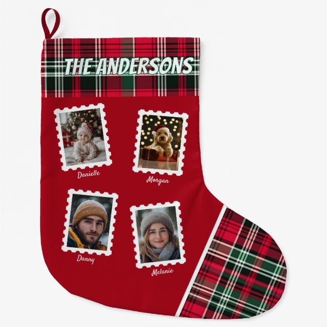 Personalized Family of Four Stamps Large Christmas Stocking (Front)