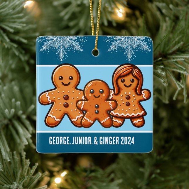 Personalized Family of Three Christmas Gingerbread Ceramic Ornament (Tree)