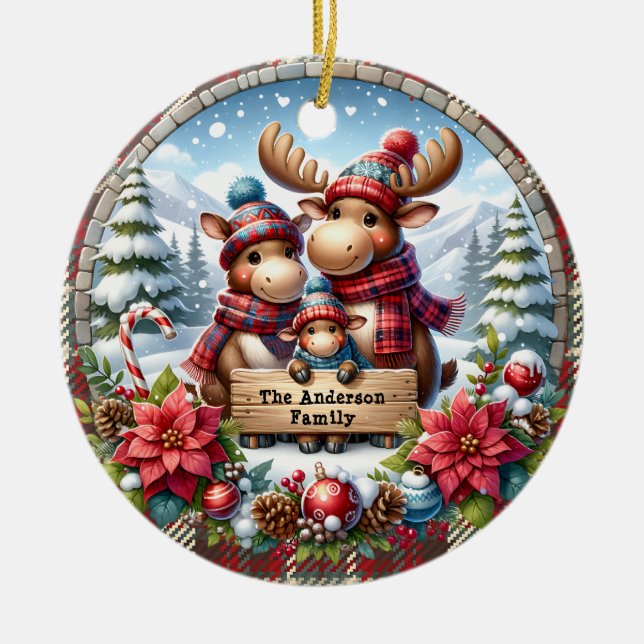 Personalized Family of Three Reindeer Christmas Ceramic Ornament (Front)